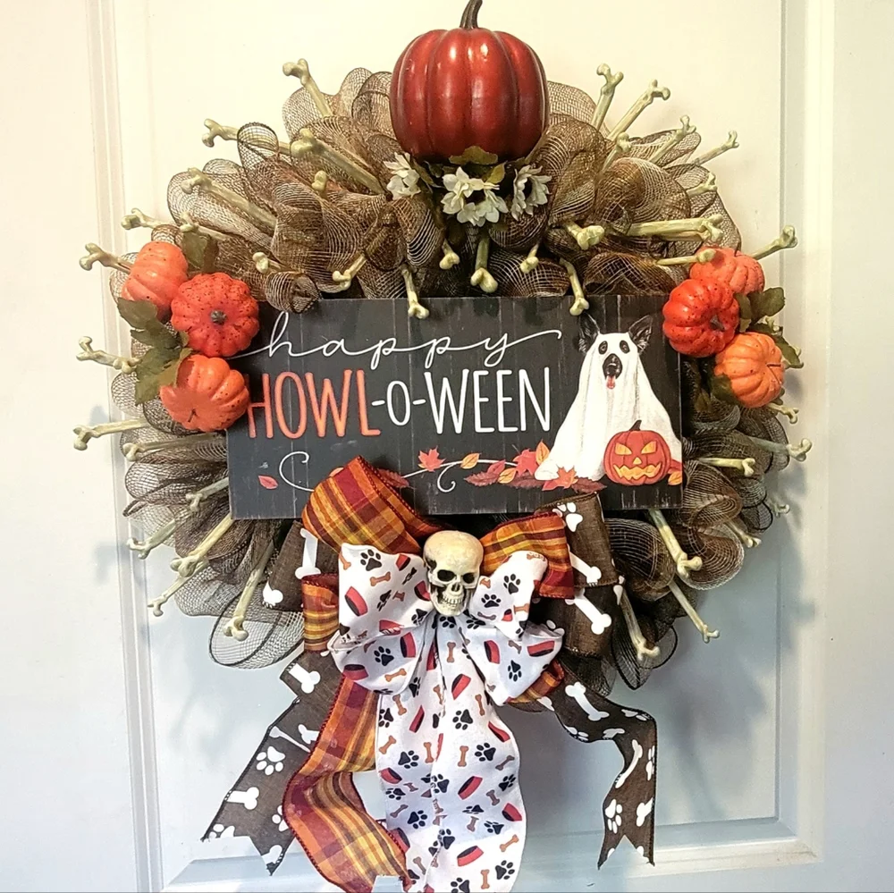 Halloween Dog Wreath Game of Bones Howl-o-ween